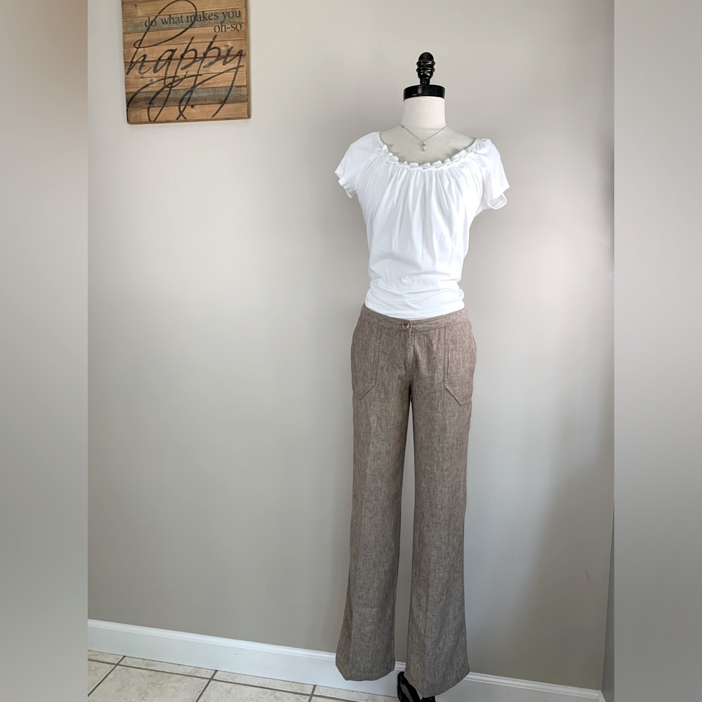 Linen Flat Front Straight Leg Pants Tommy Bahama Khaki Brown Waist 28"